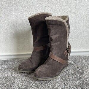 skechers boots womens size 10 brown suede sherpa lined wedge winter boots